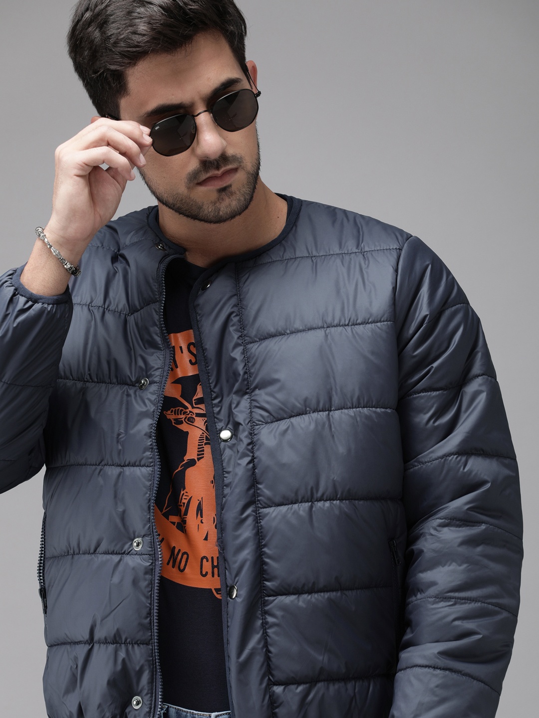 

Roadster Men Navy Blue Soft Padded Collarless Jacket