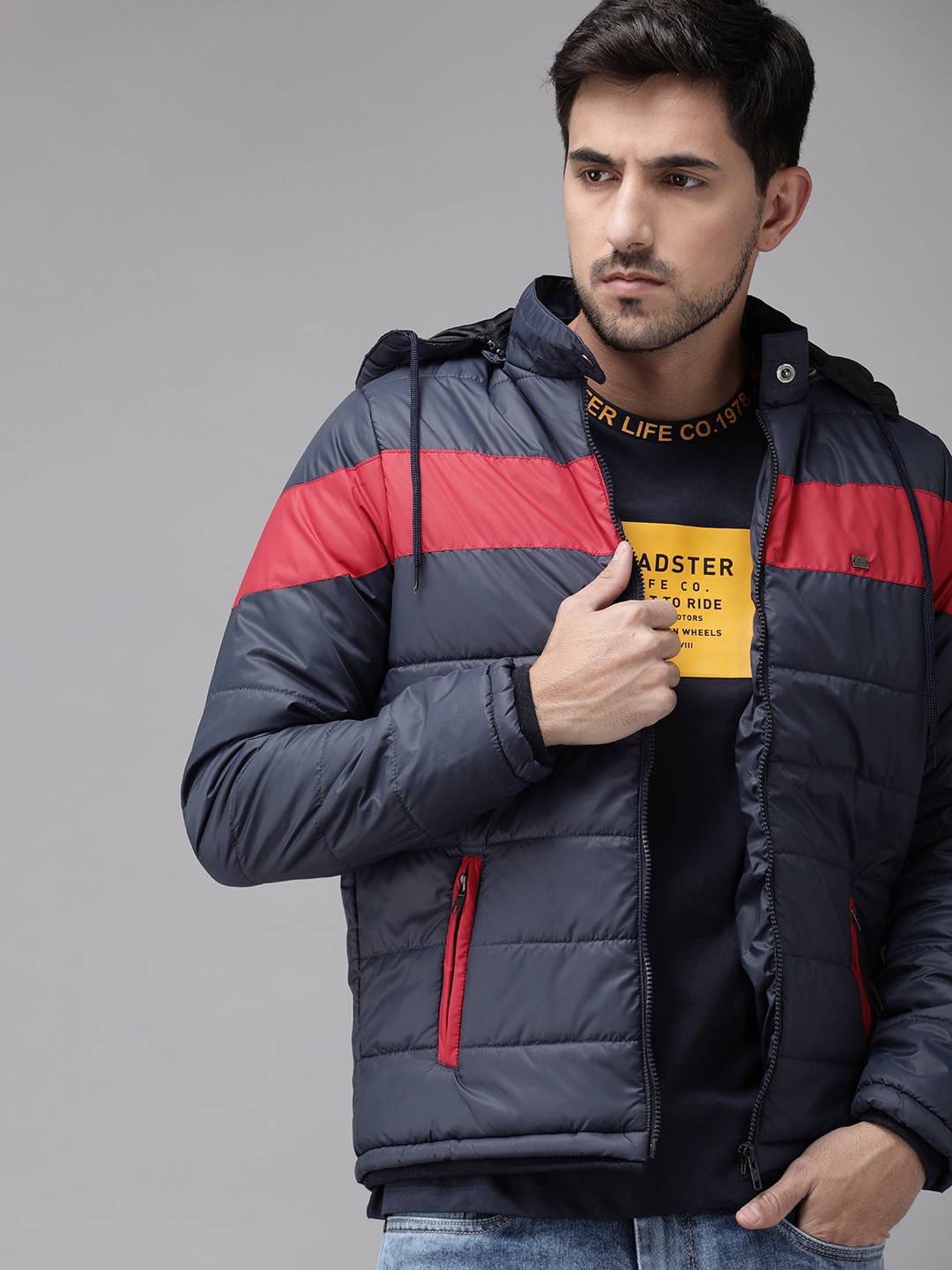 

Roadster Men Navy Blue & Red Colourblocked Padded Jacket with Detachable Hood
