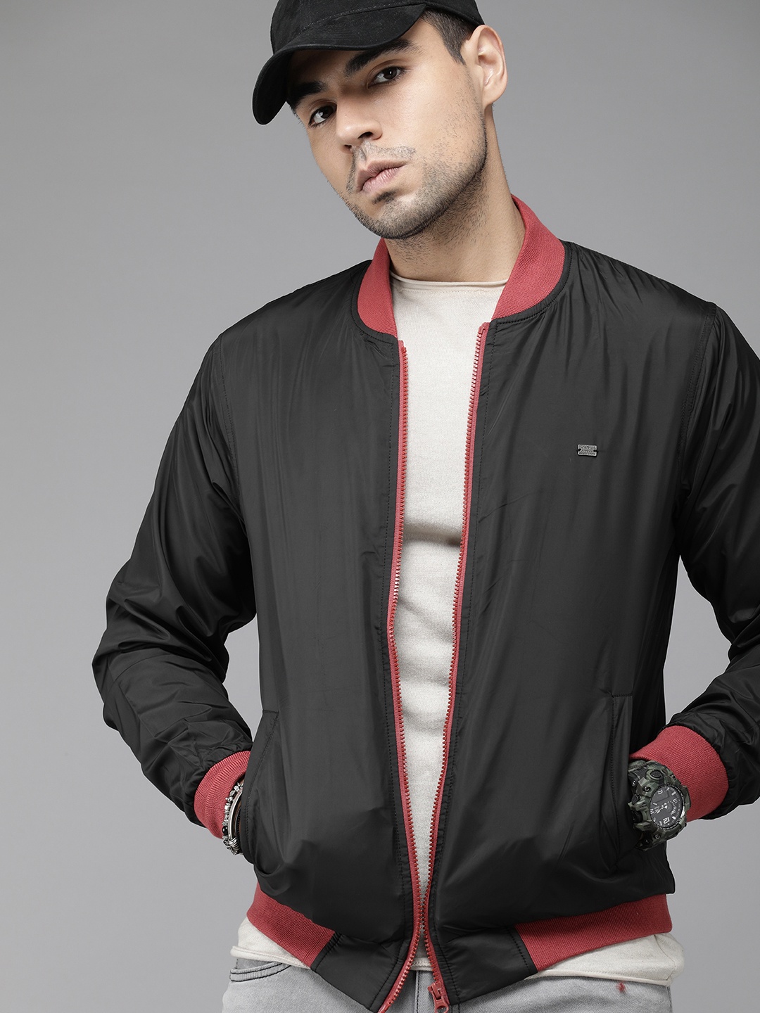 

Roadster Men Black Solid Bomber Jacket