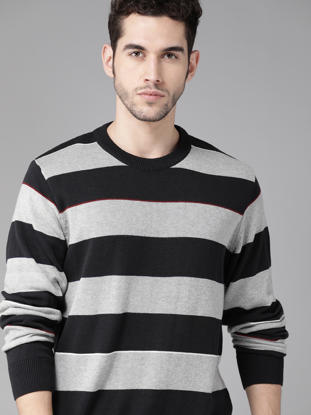 

Roadster Men Grey Melange & Black Striped Pullover Sweater