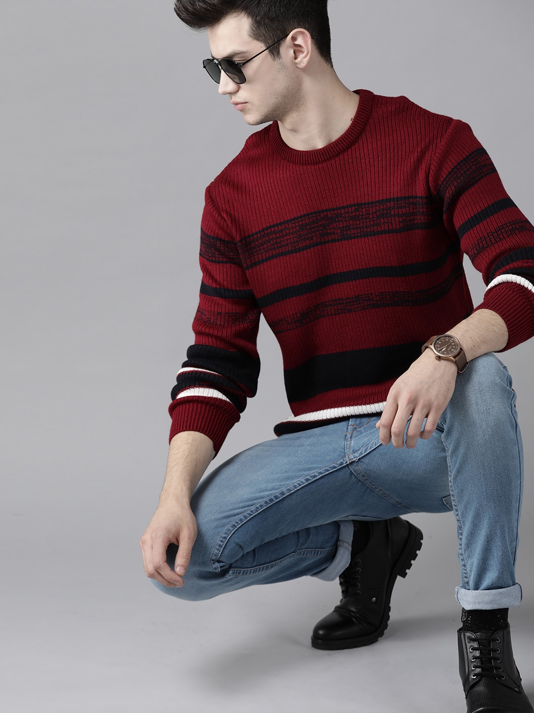 

Roadster Men Maroon & Navy Blue Striped Acrylic Pullover