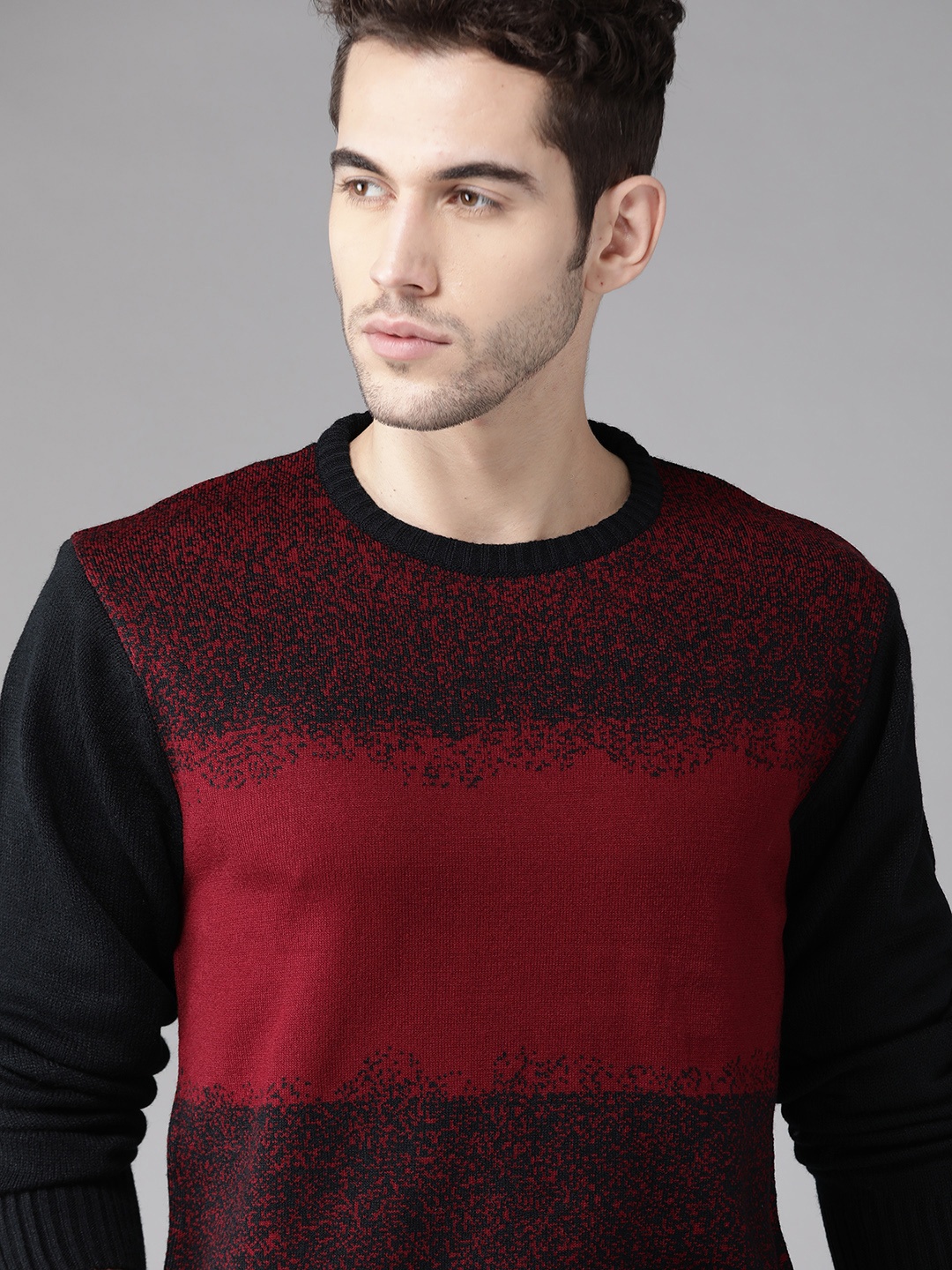 

Roadster Men Navy Blue & Red Colourblocked Pullover Sweater