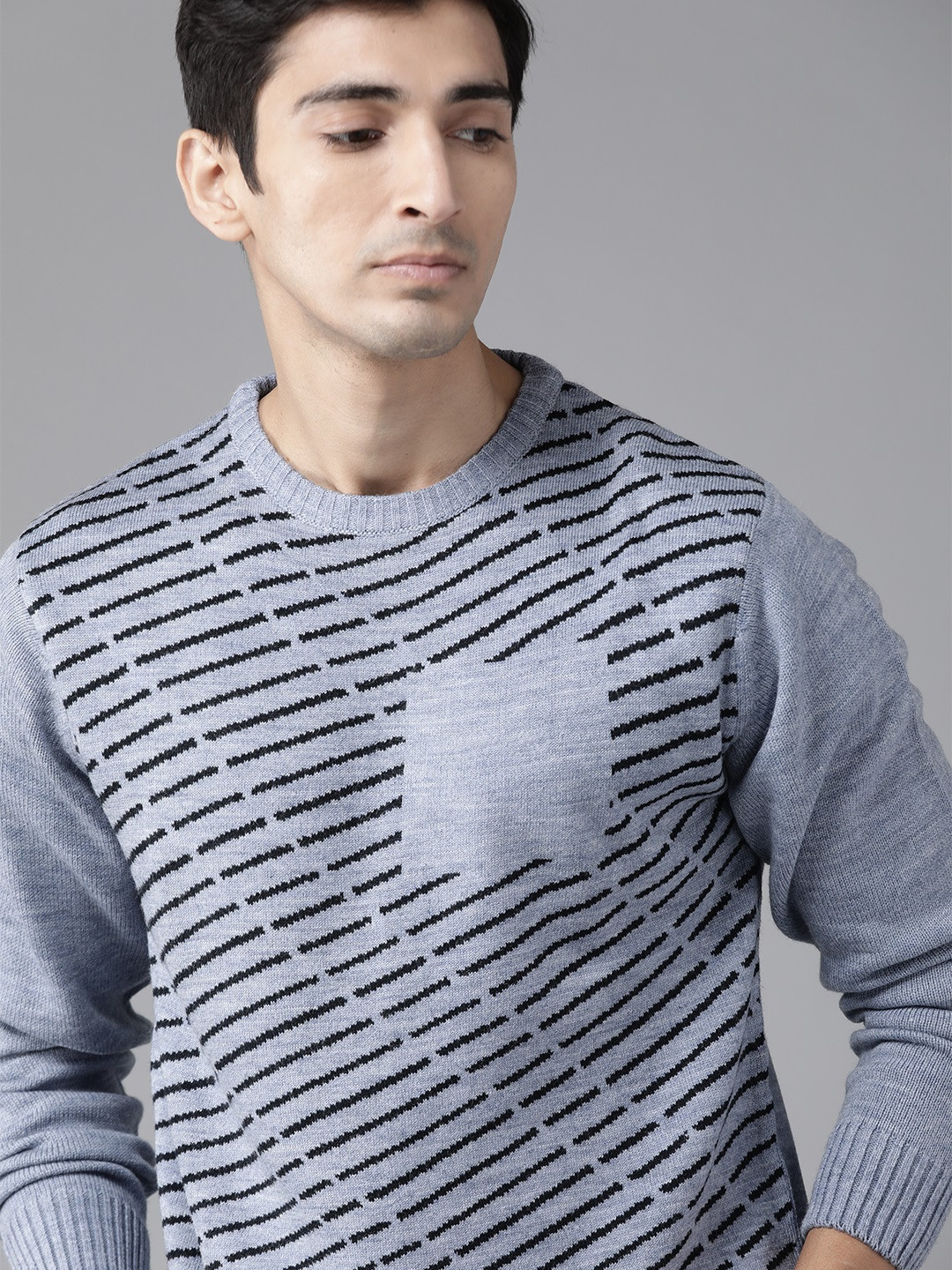 

Roadster Men Blue & Black Striped Acrylic Pullover
