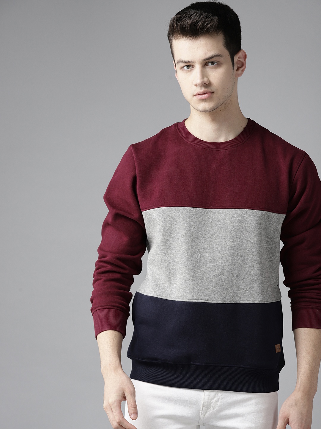 

Roadster Men Burgundy & Grey Melange Colourblocked Sweatshirt