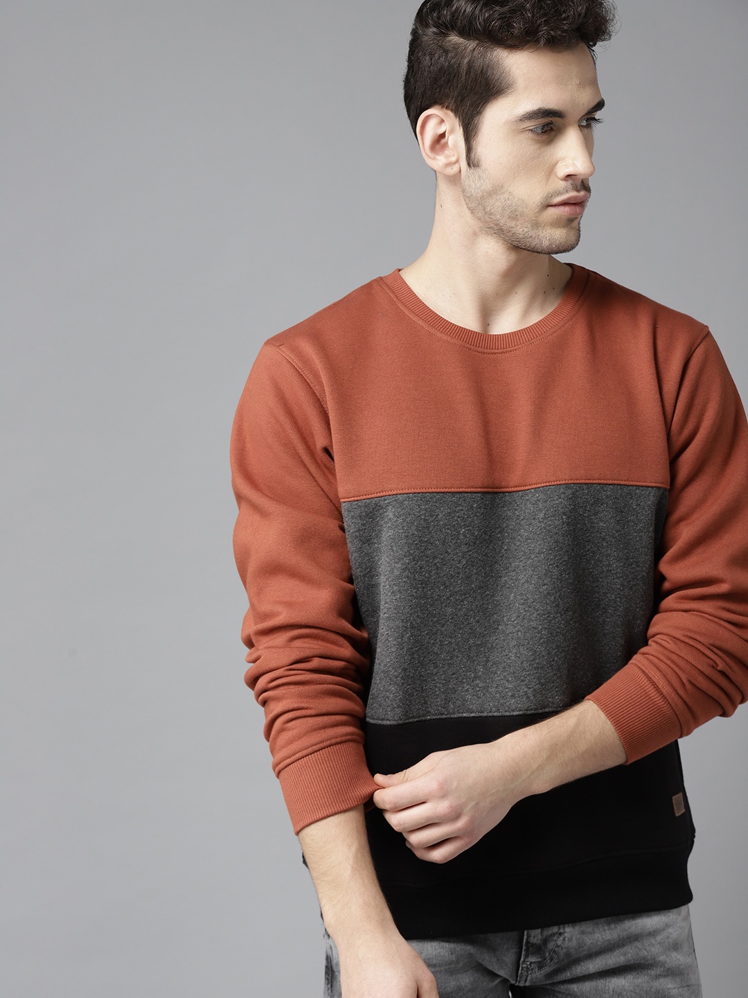 

Roadster Men Rust Orange & Charcoal Grey Colourblocked Sweatshirt