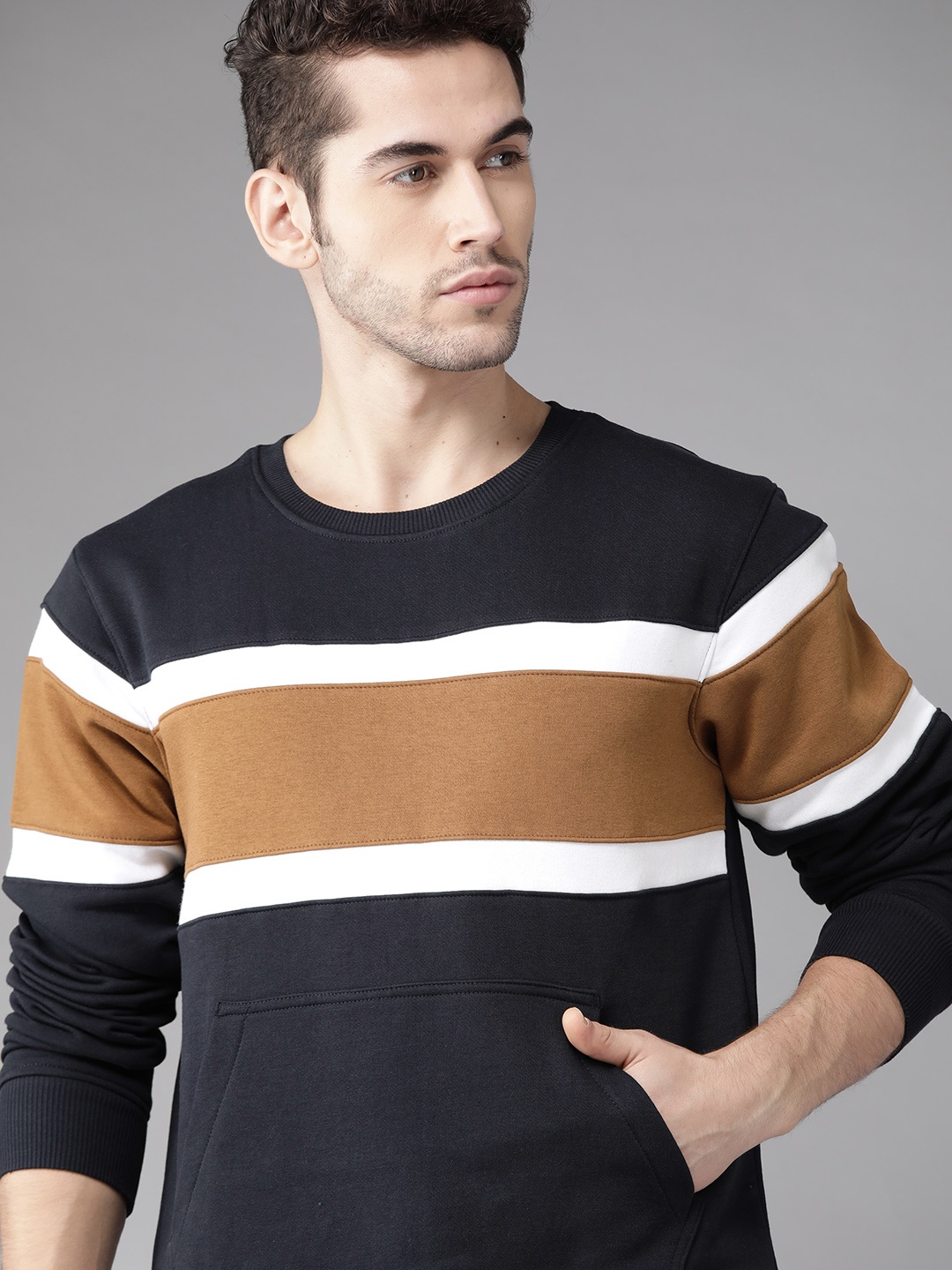 

Roadster Men Navy Blue & Brown Striped Sweatshirt