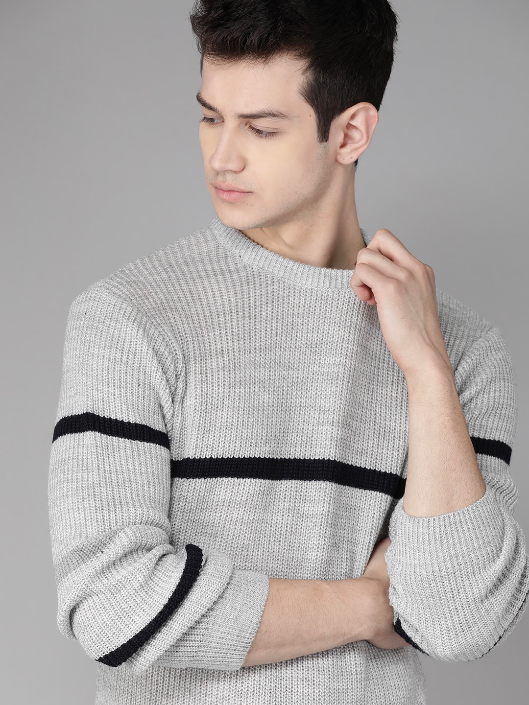 

Roadster Men Grey Melange Striped Pullover Sweater