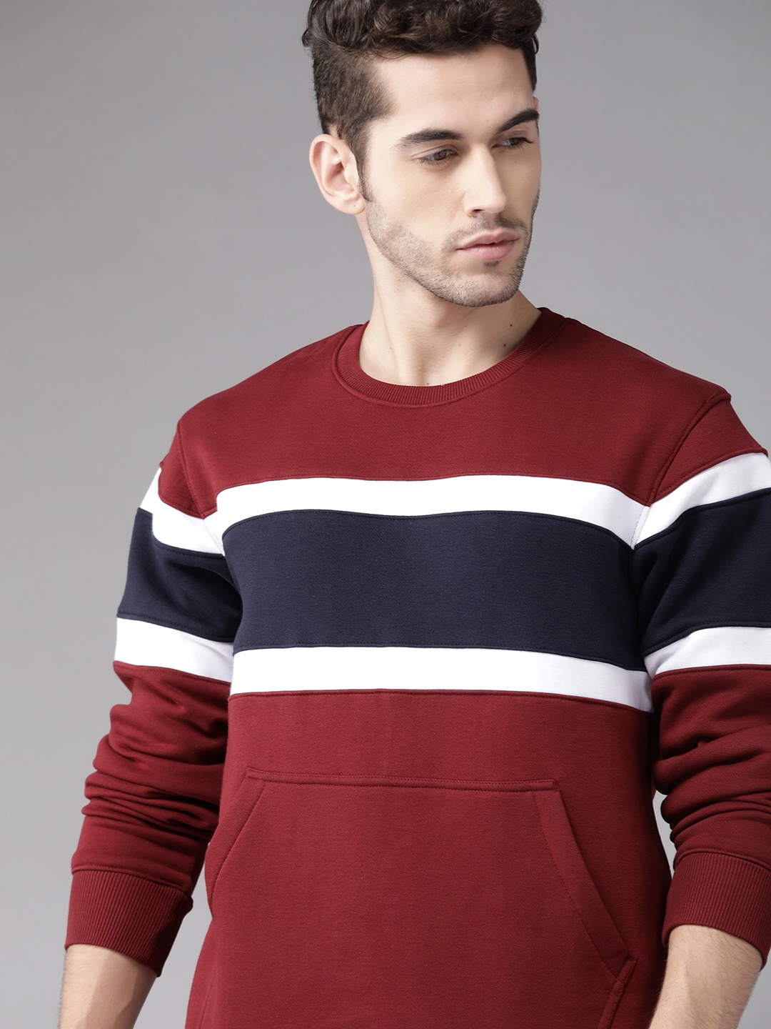 

Roadster Men Maroon & Navy Blue Colourblocked Sweatshirt
