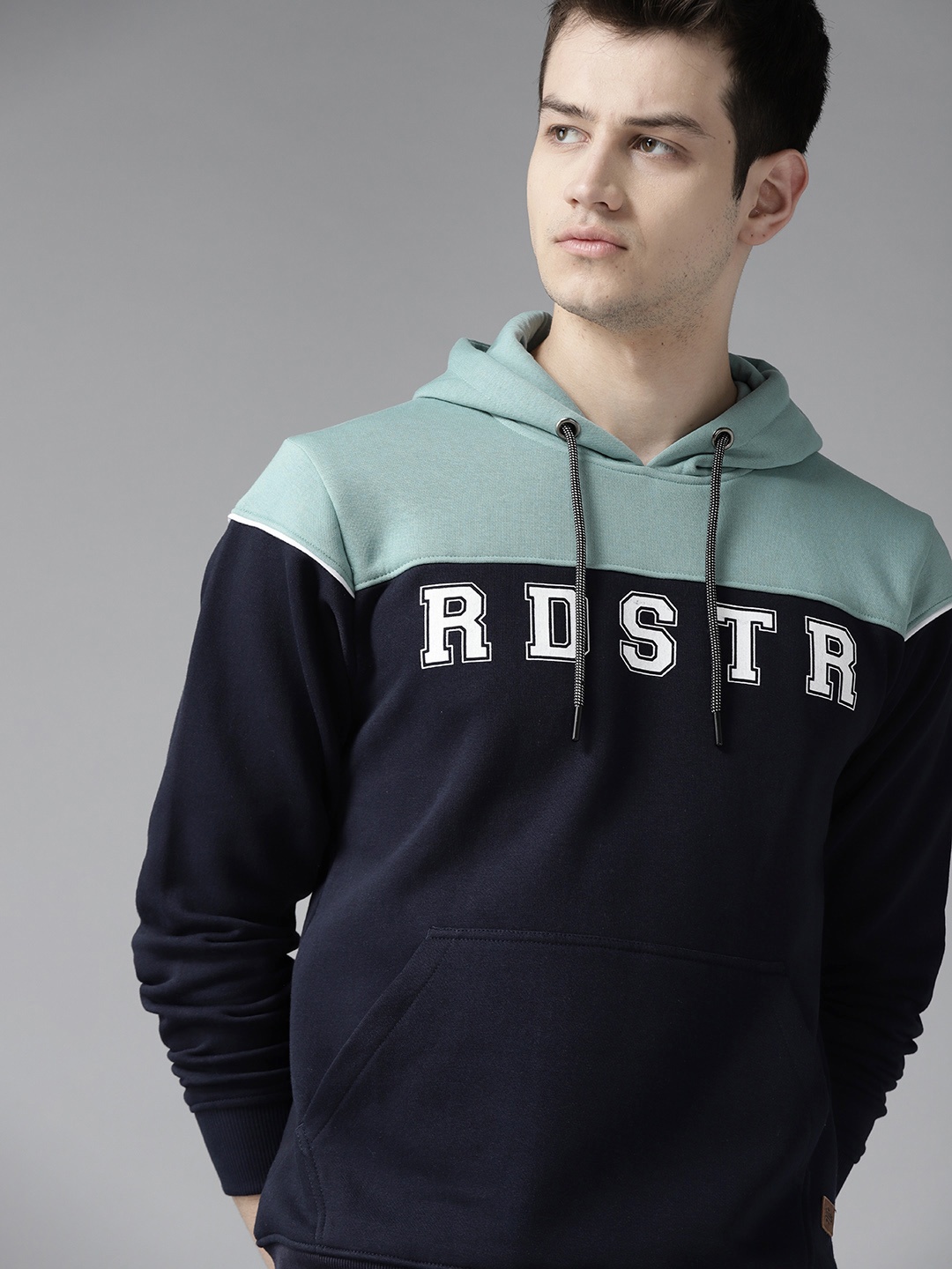 

Roadster Men Navy Blue & Green Printed Hooded Sweatshirt