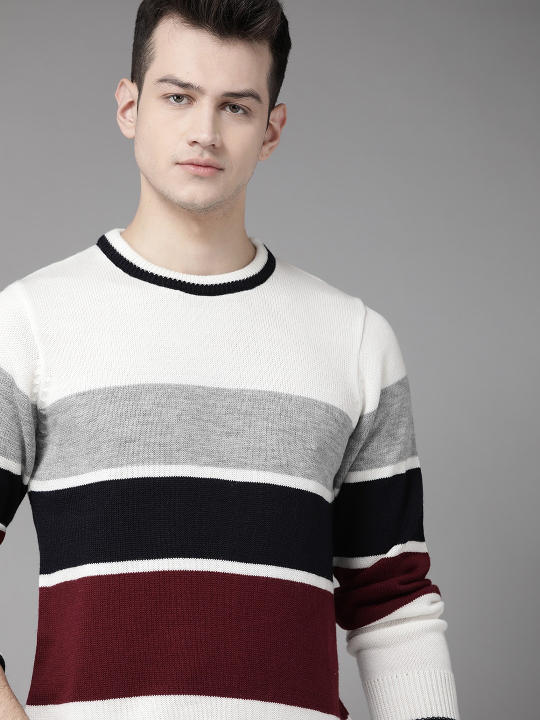 

Roadster Men White & Grey Melange Colourblocked Pullover Sweater