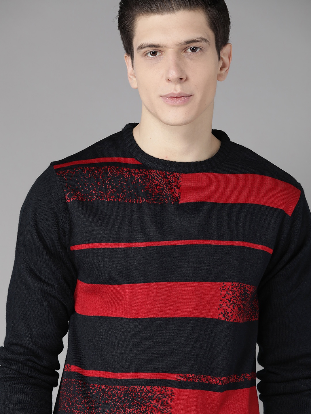 

Roadster Men Black & Red Striped Acrylic Sweater