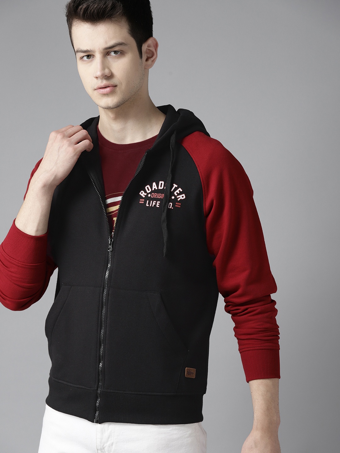 

Roadster Men Black & Maroon Solid Hooded Sweatshirt