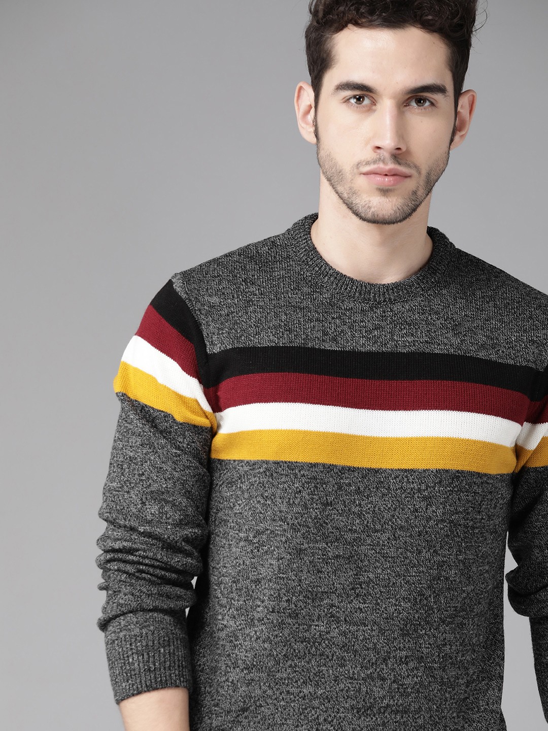

Roadster Men Charcoal Grey Striped Pullover Sweater