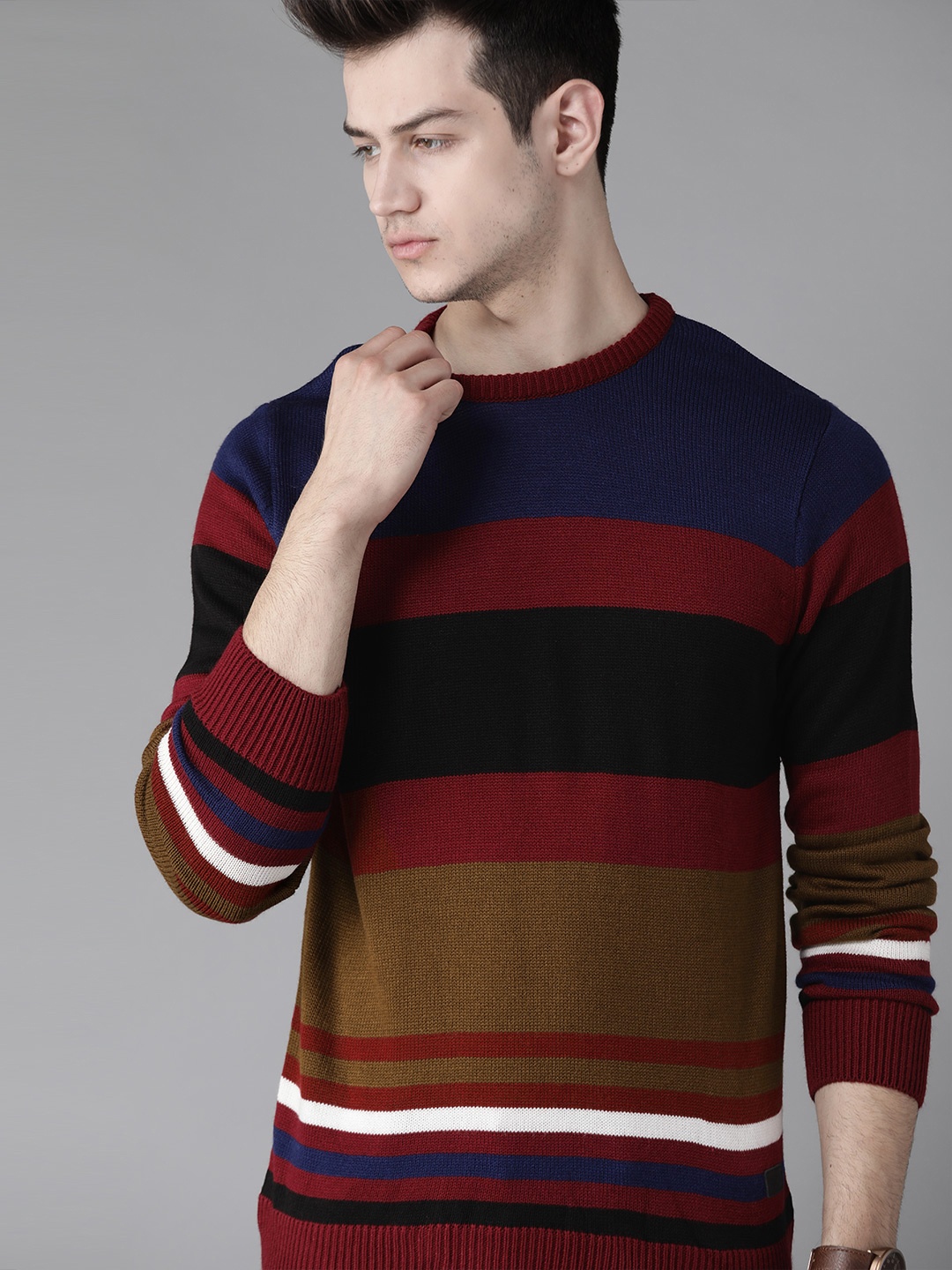 

Roadster Men Multicoloured Striped Acrylic Pullover, Multi