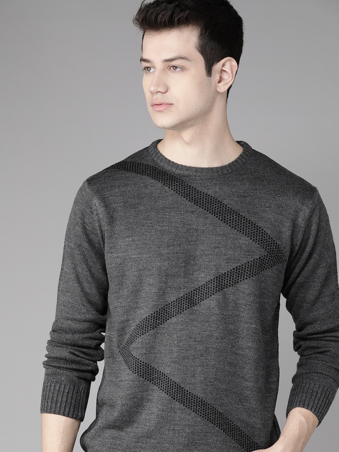 

Roadster Men Charcoal Grey Self Design Acrylic Pullover