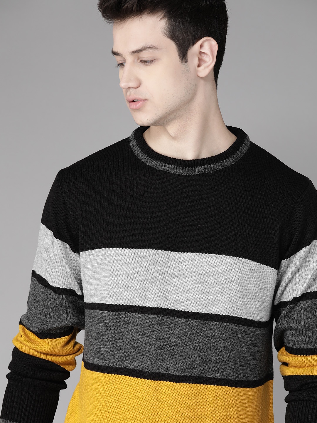 

Roadster Men Black & Grey Striped Pullover Sweater
