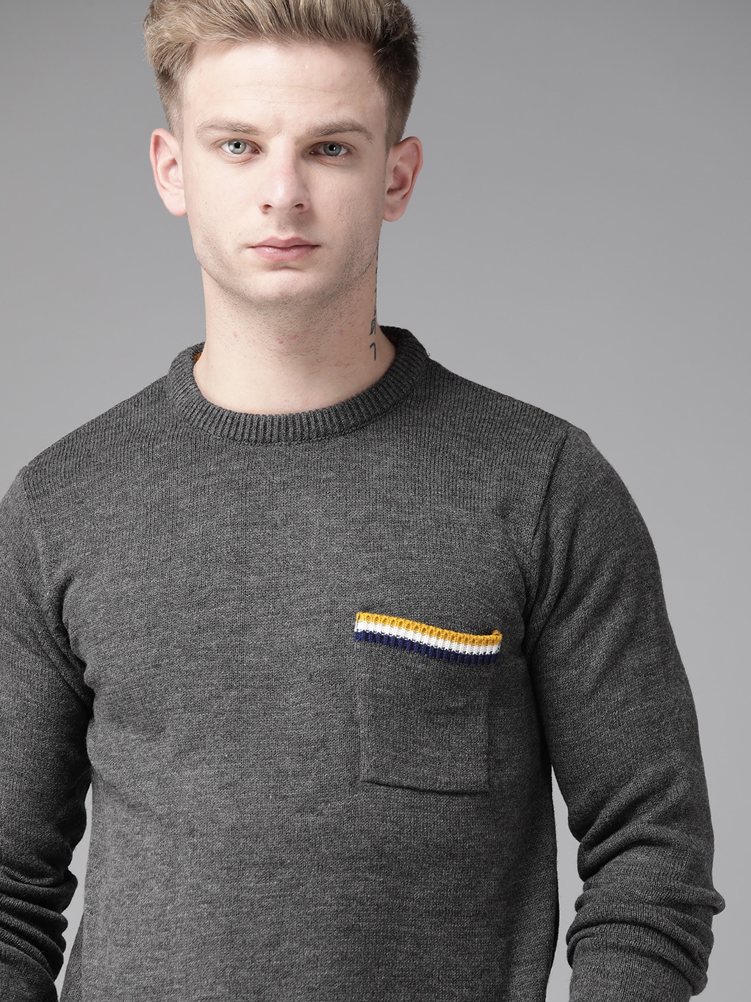

Roadster Men Charcoal Grey Solid Acrylic Sweater