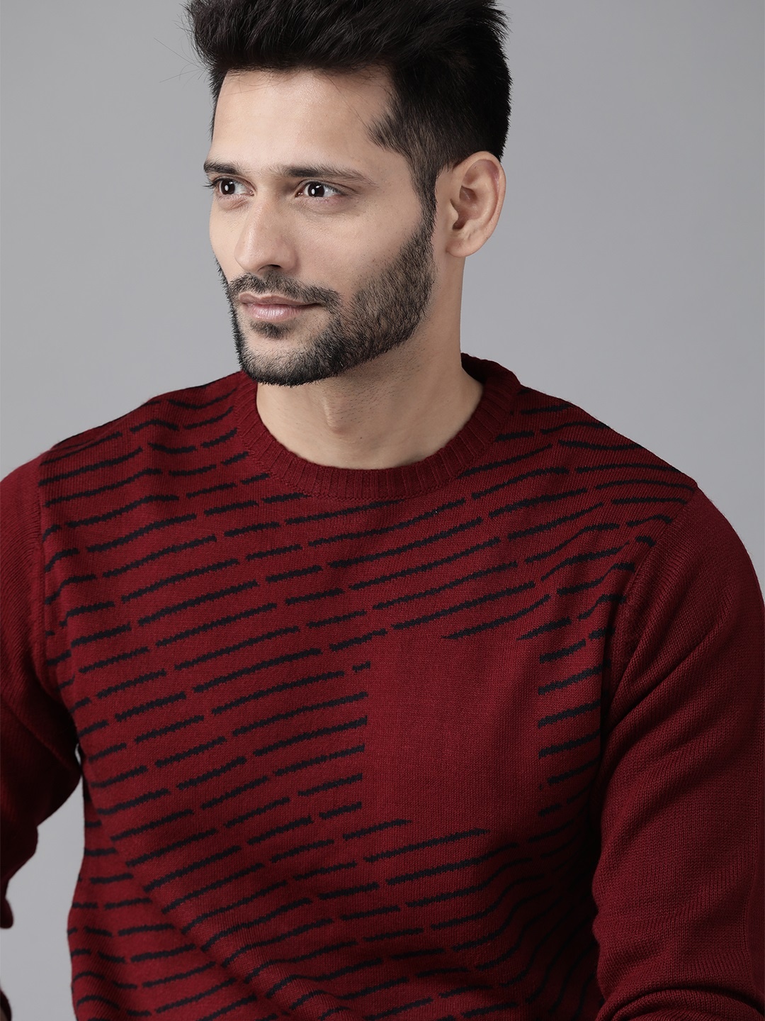 

Roadster Men Maroon & Black Striped Pullover