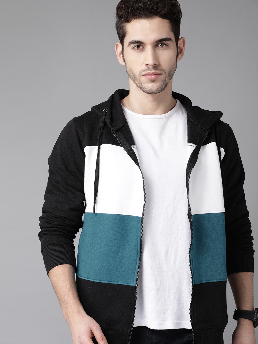 

Roadster Men Black & White Colourblocked Hooded Sweatshirt