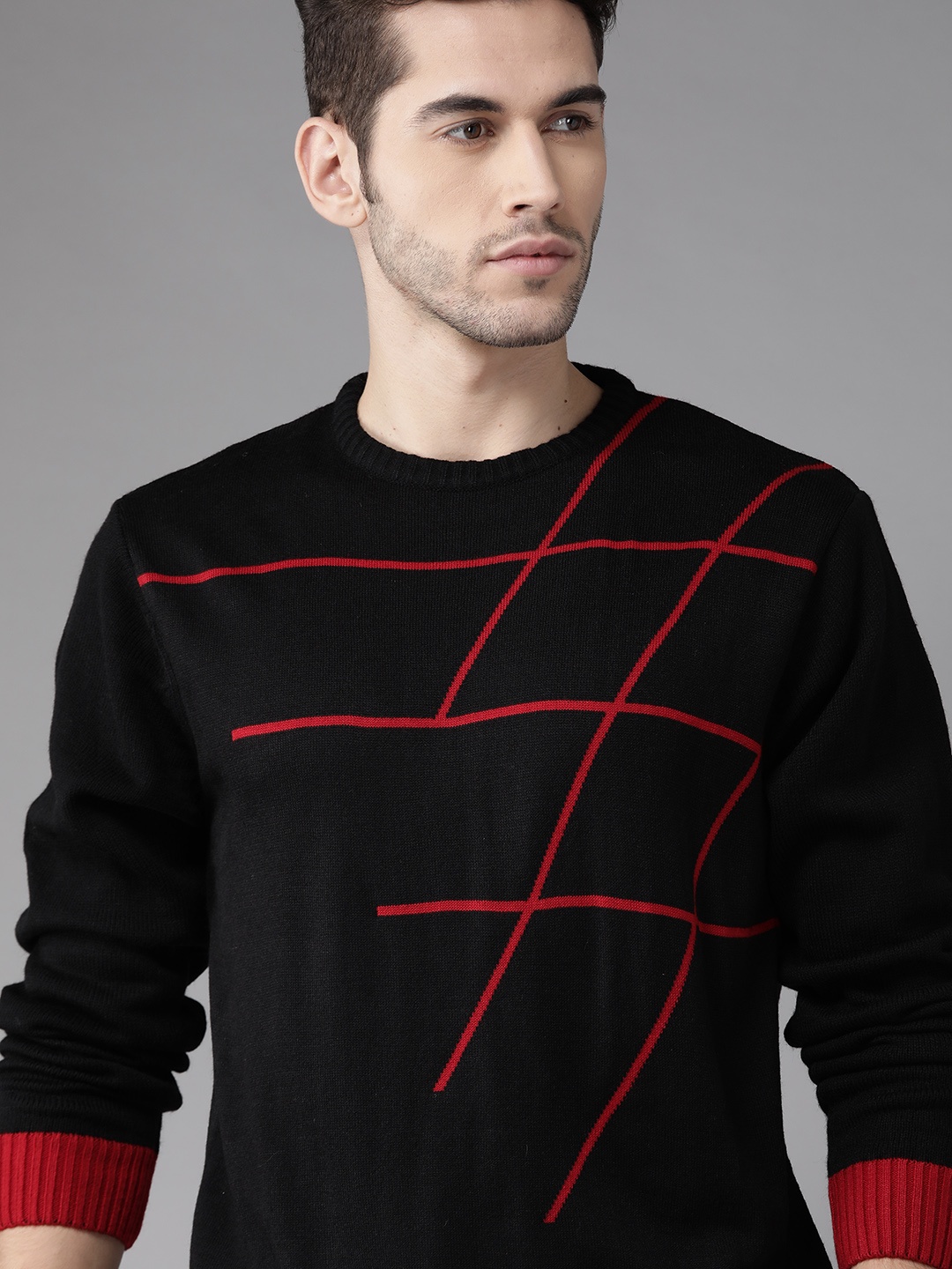 

Roadster Men Black & Red Self-Design Pullover