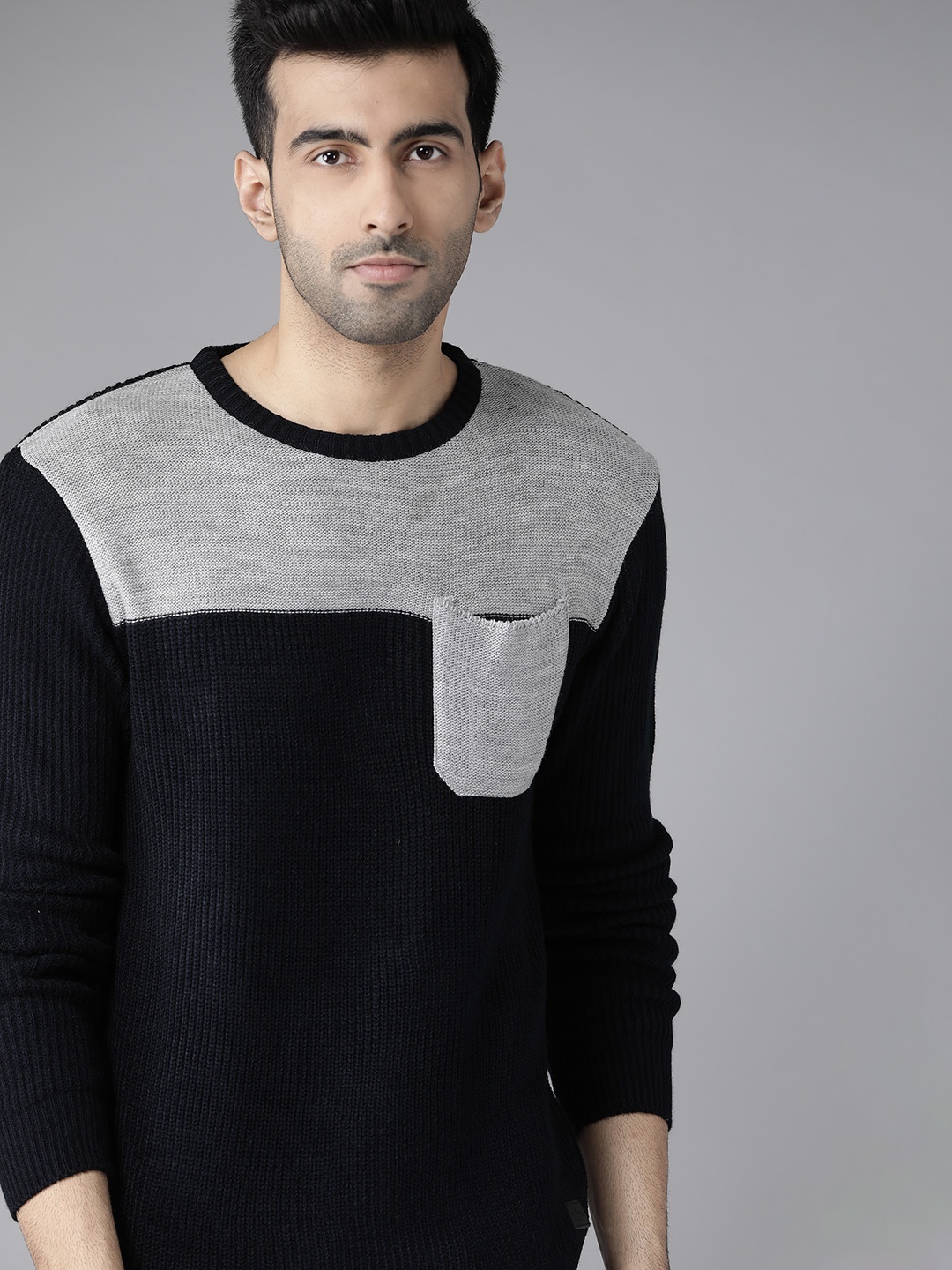 

Roadster Men Navy Blue & Grey Melange Colourblocked Acrylic Sweater