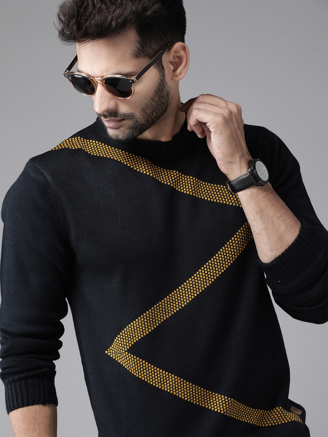 

Roadster Men Navy Blue Self Design Pullover