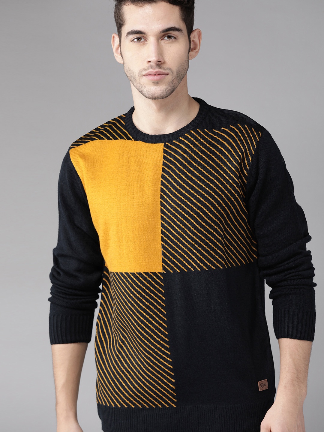 

Roadster Men Black & Mustard Yellow Colourblocked Acrylic Pullover
