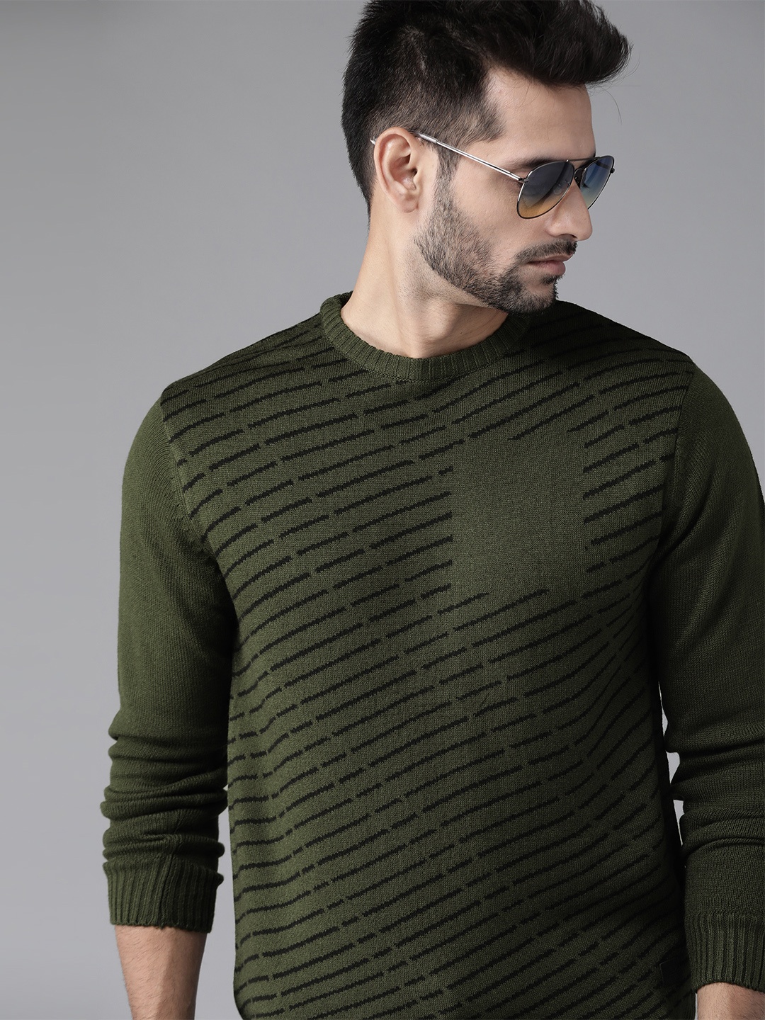 

Roadster Men Olive Green & Black Striped Pullover