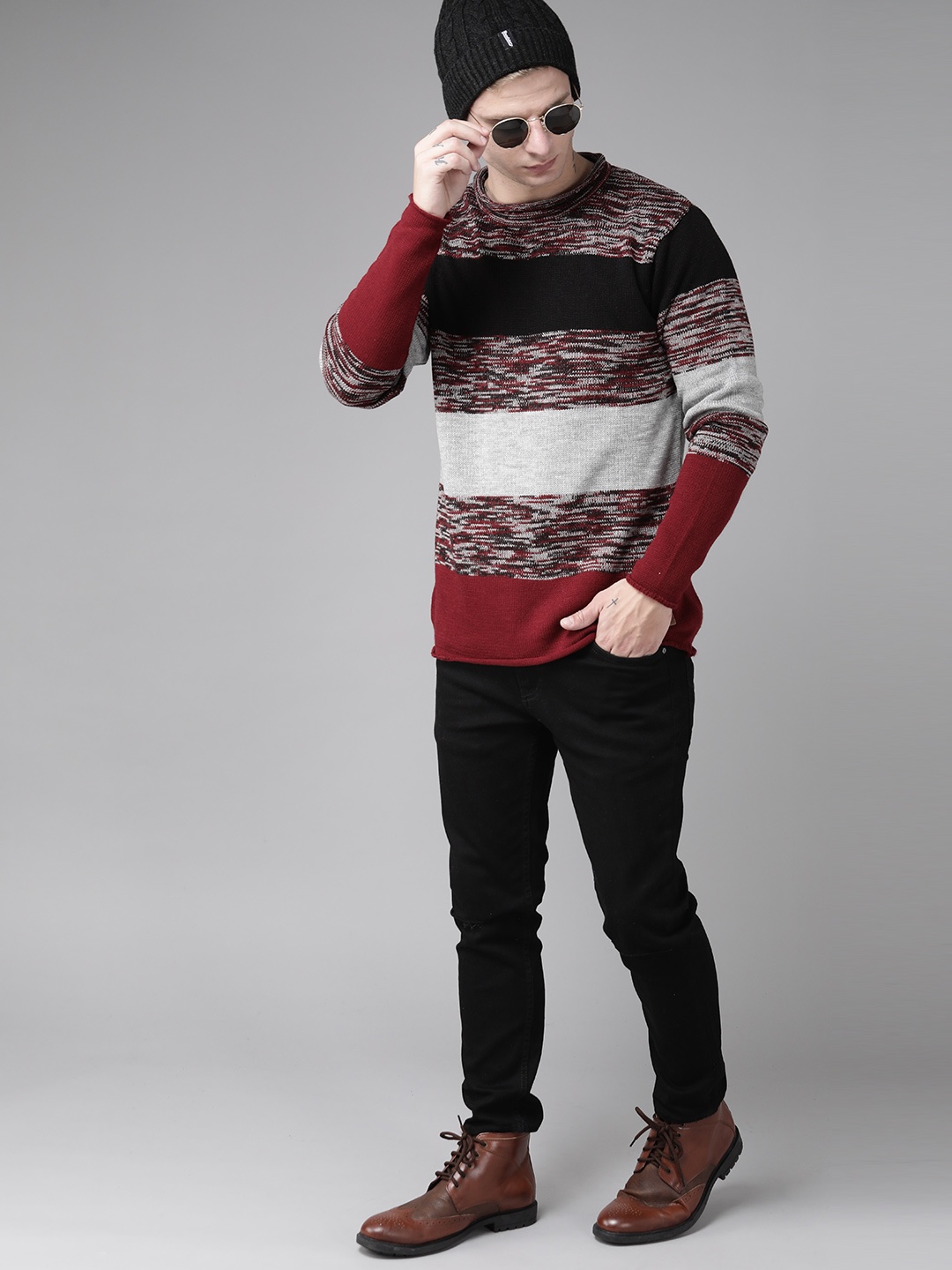 

Roadster Men Maroon & Grey Striped Pullover Sweater