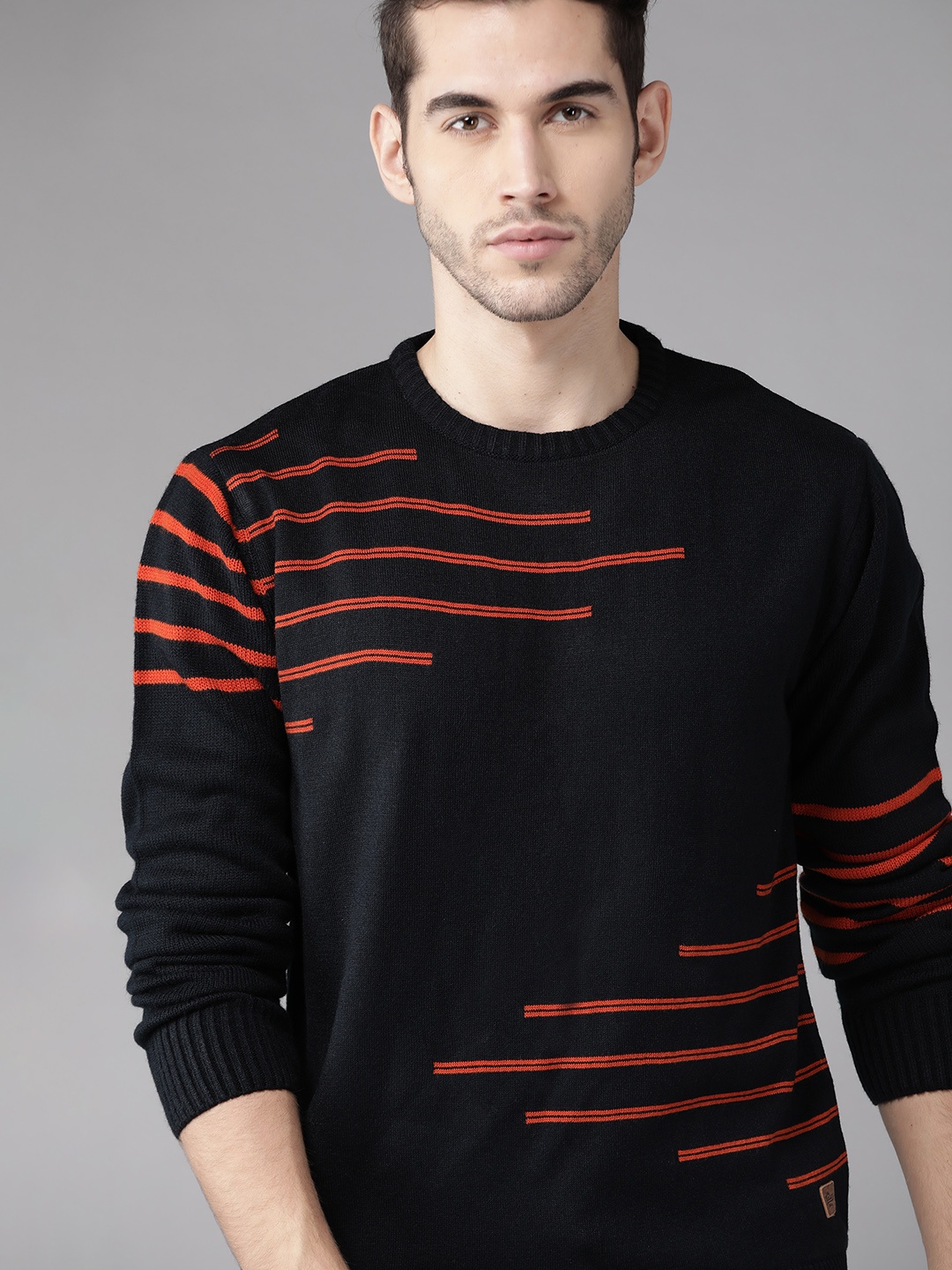 Roadster Men Navy Blue & Orange Striped Acrylic Sweater