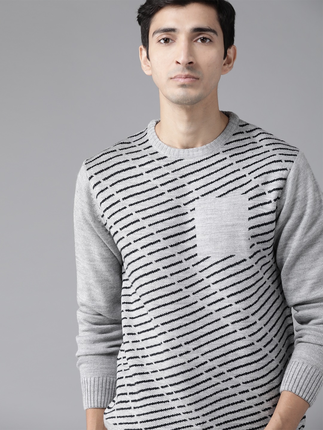 

Roadster Men Grey Melange & Black Striped Acrylic Pullover