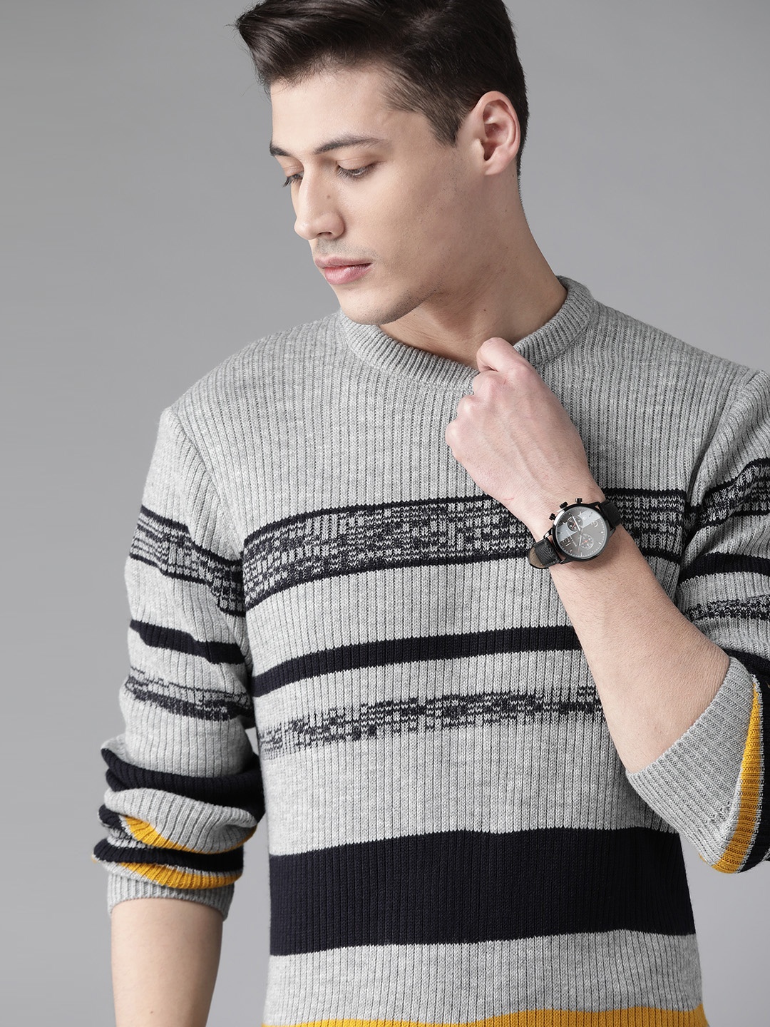 

Roadster Men Grey Melange & Navy Blue Striped Pullover
