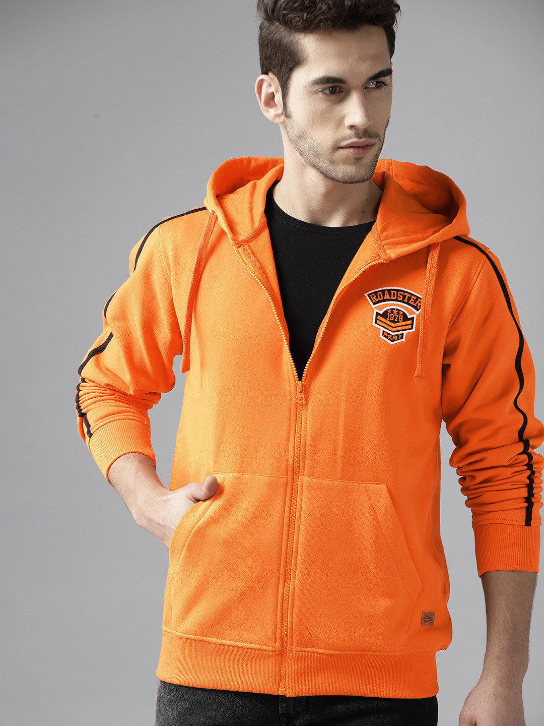

Roadster Men Orange Solid Hooded Sweatshirt