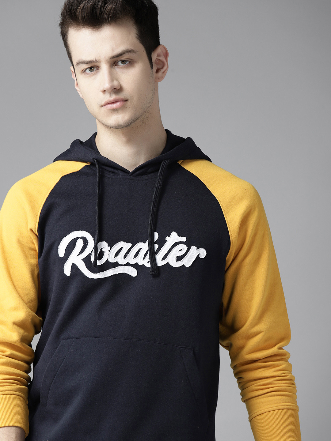 

Roadster Men Navy Blue Applique Hooded Sweatshirt