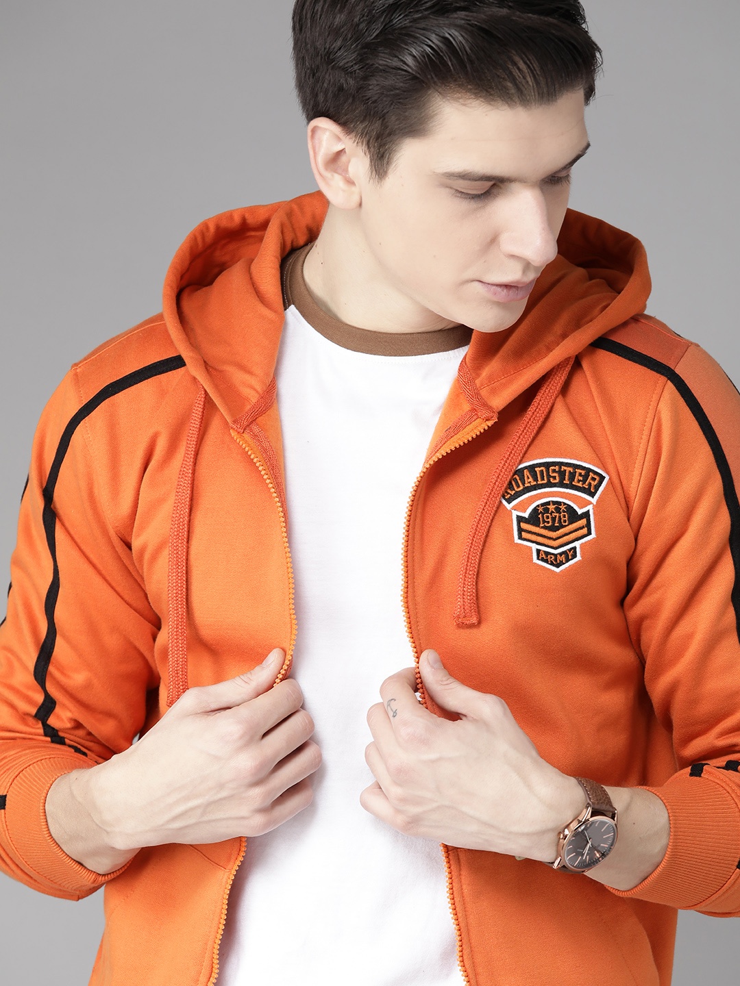 

Roadster Men Orange Solid Hooded Sweatshirt