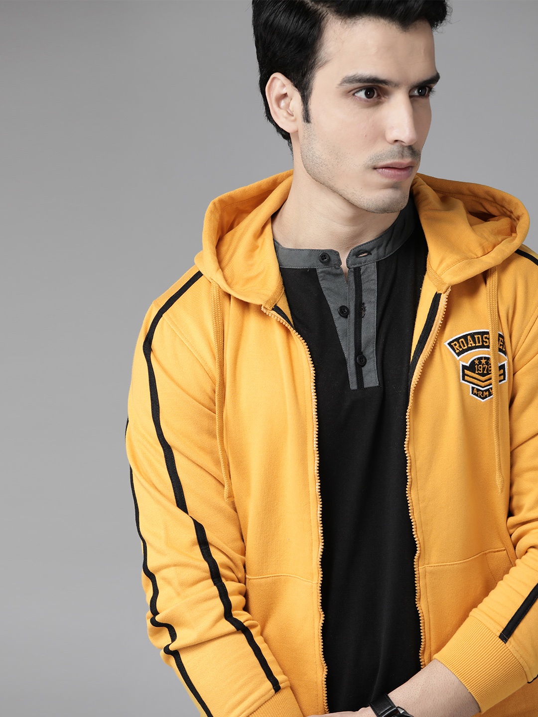 

Roadster Men Mustard Yellow Solid Hooded Sweatshirt