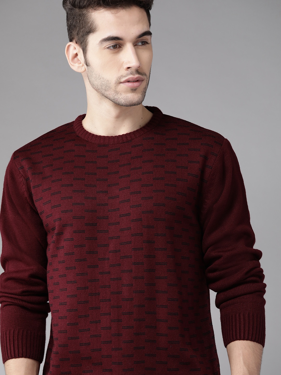 

Roadster Men Maroon & Black Self Design Sweater