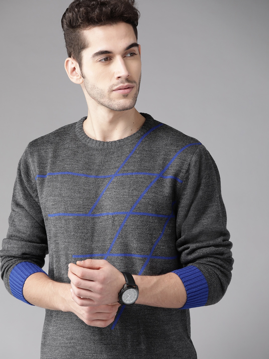 

Roadster Men Charcoal Grey & Blue Geometric Self Design Sweater