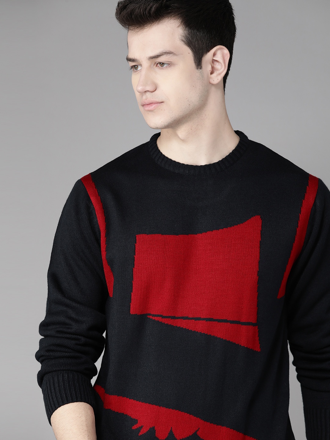 

Roadster Men Navy Blue & Red Colourblocked Pullover