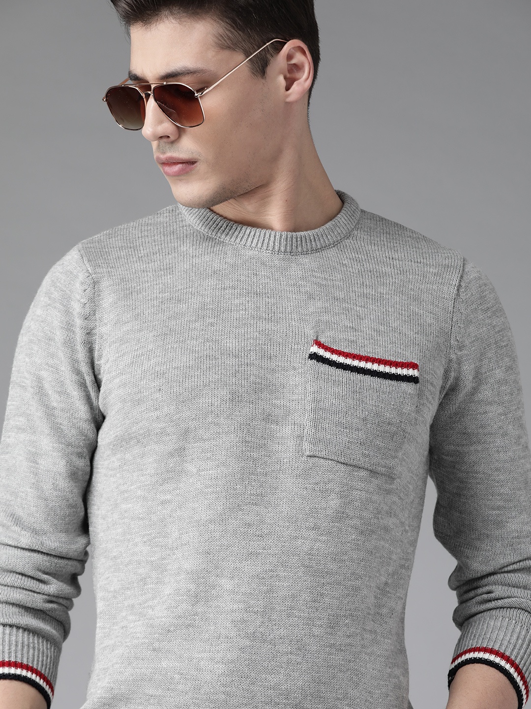 

Roadster Men Grey Melange Solid Pocket Detail Pullover