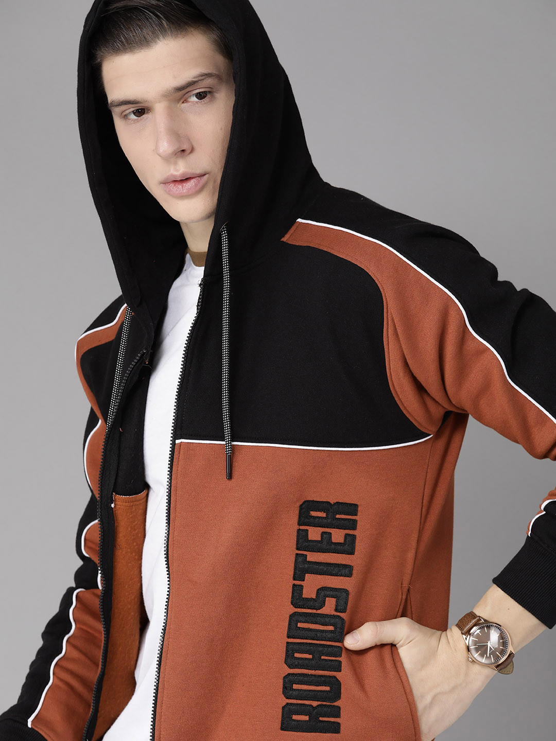 

Roadster Men Rust Orange & Black Colourblocked Hooded Sweatshirt