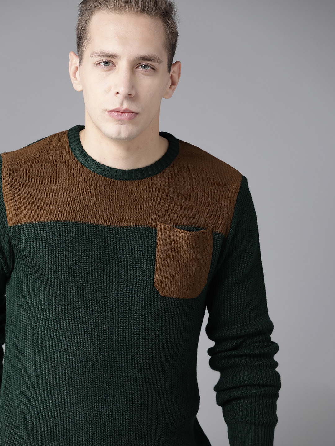 

Roadster Men Brown & Green Colourblocked Acrylic Sweater