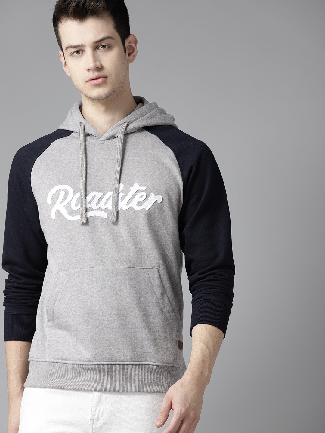 

Roadster Men Grey Melange Applique Hooded Sweatshirt