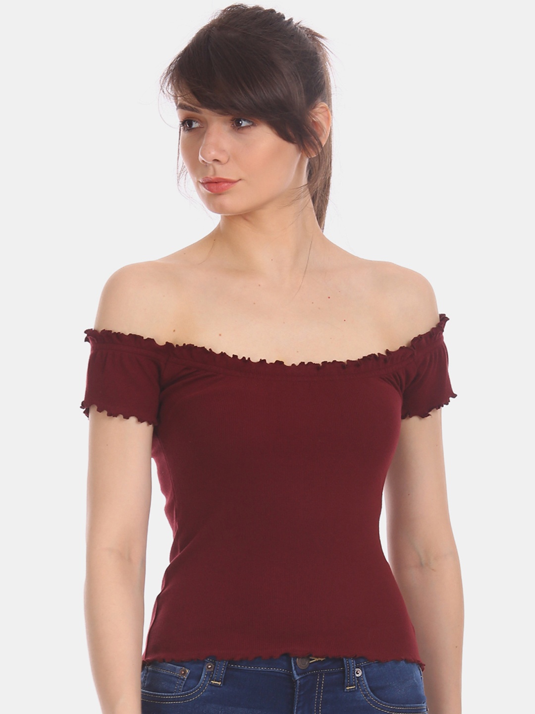 

Aeropostale Women Red Solid Knitted Bardot Top