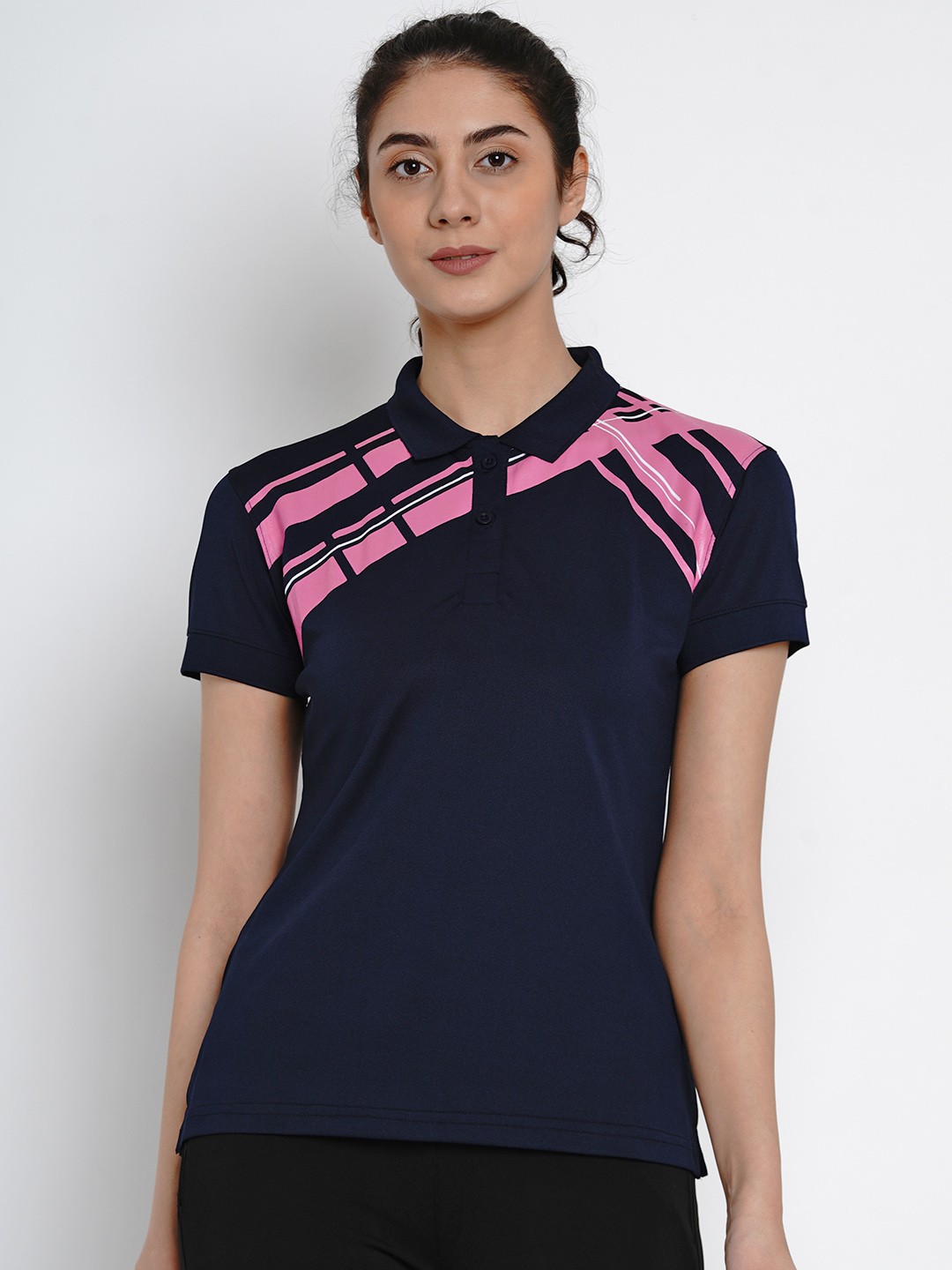 

ARMISTO Women Navy Blue & Pink Printed Polo Collar DRI-FIT T-shirt