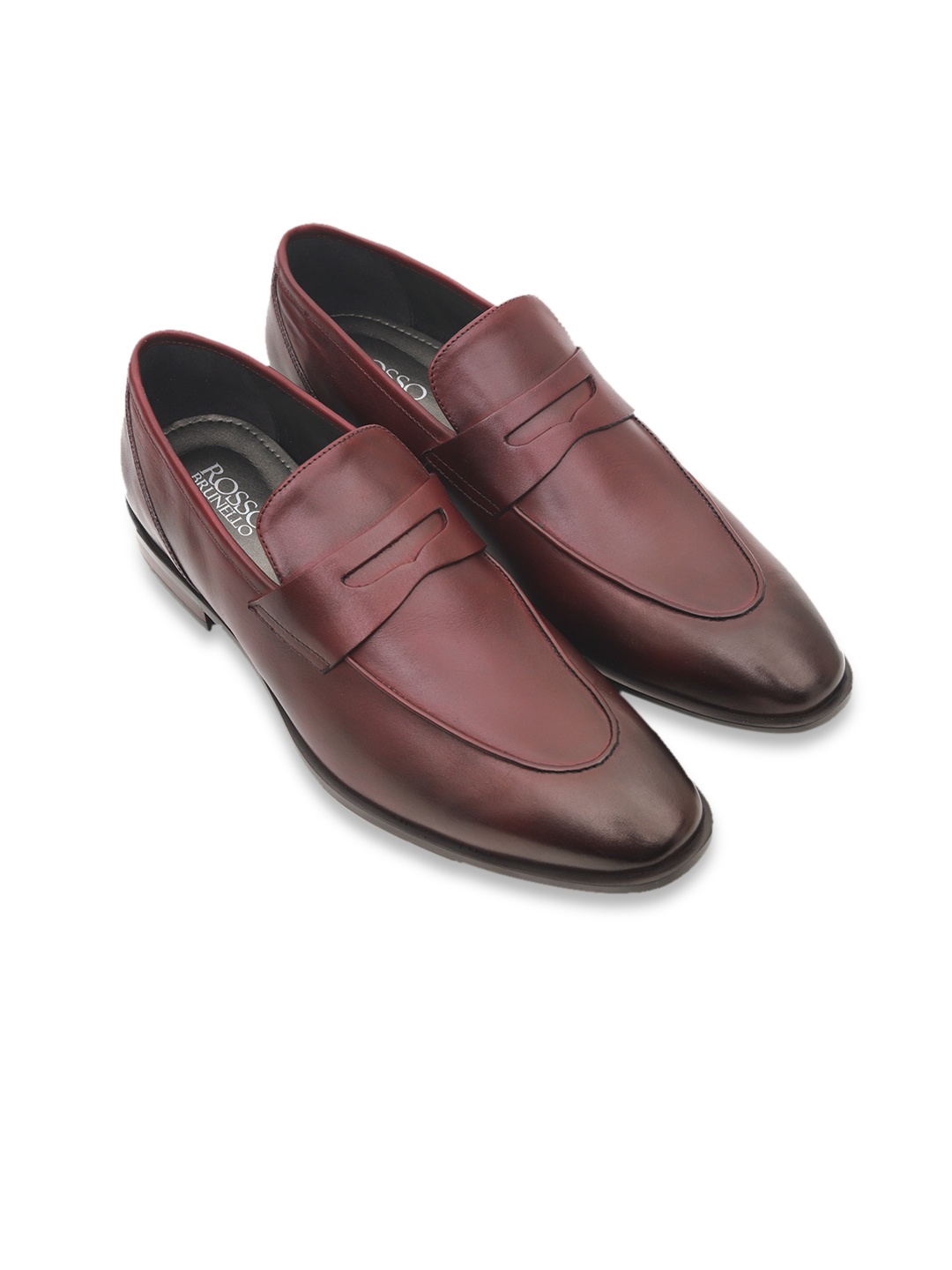 

ROSSO BRUNELLO Men Burgundy Solid Leather Formal Slip-Ons