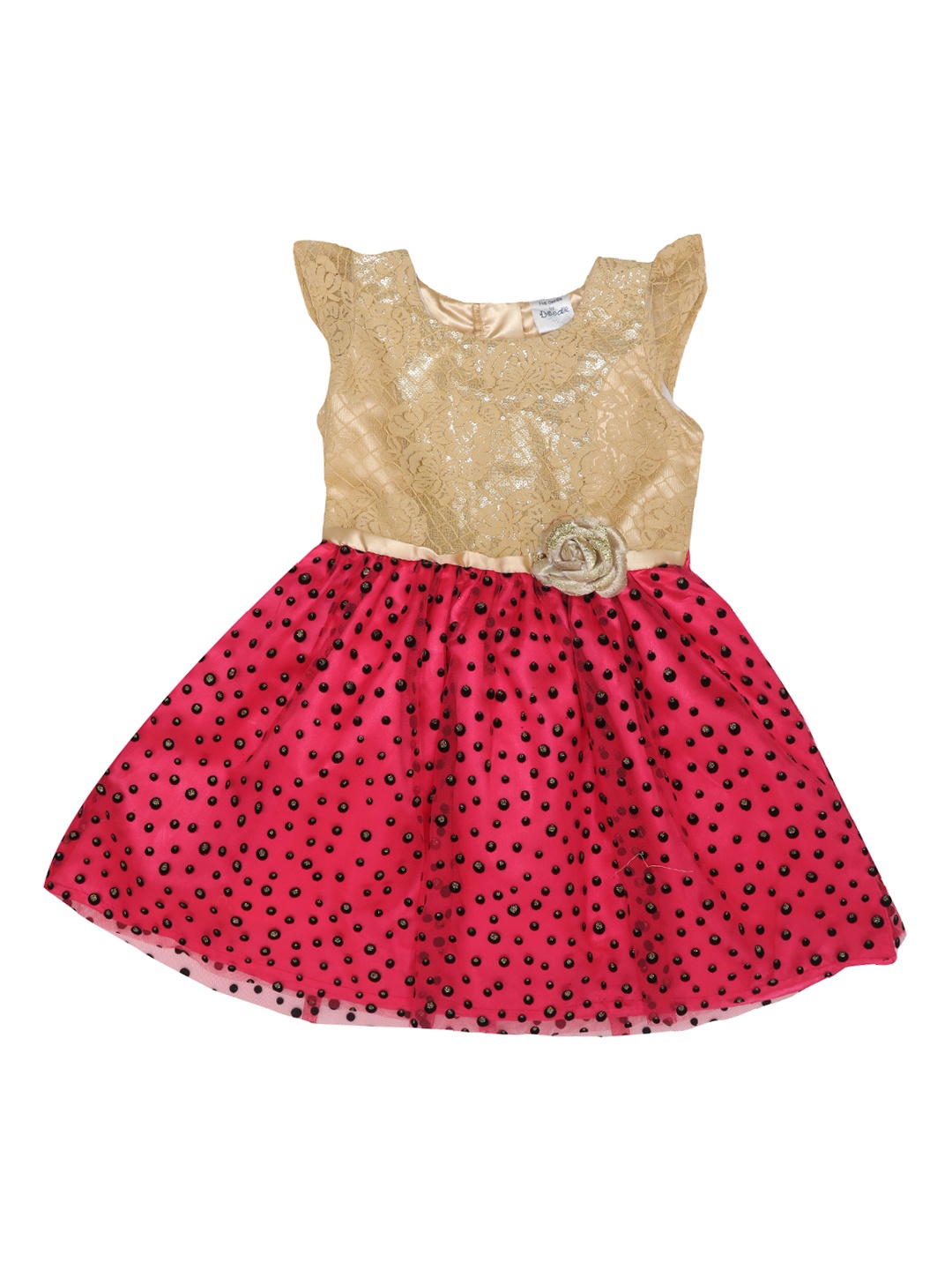 

Doodle Girls Gold-Coloured & Pink Colourblocked Fit and Flare Dress