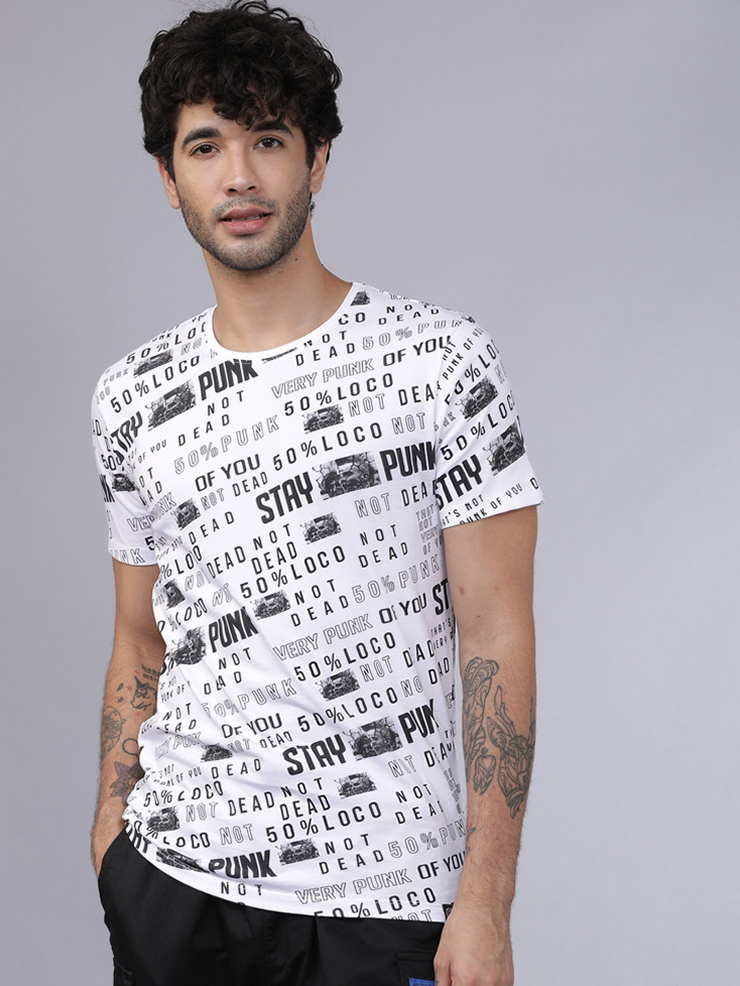 

LOCOMOTIVE Men White & Black Printed Round Neck T-shirt