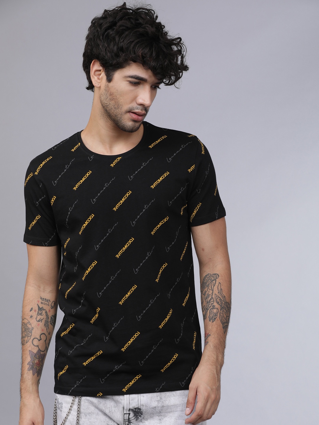 

LOCOMOTIVE Men Black Printed Round Neck T-shirt