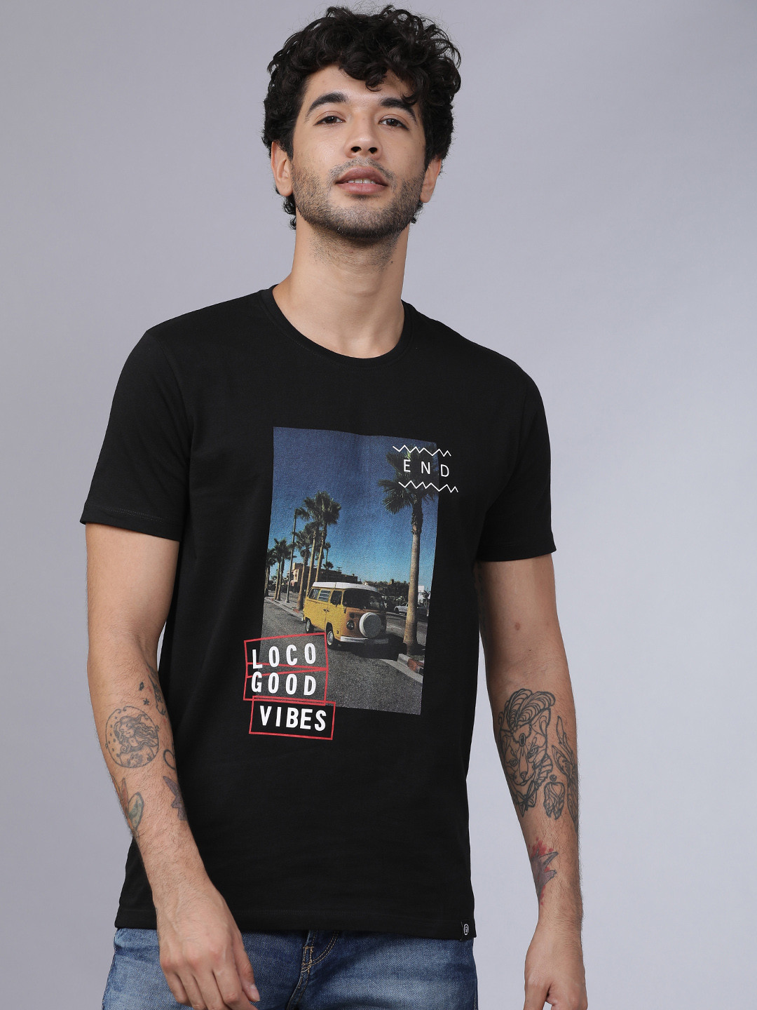 

LOCOMOTIVE Men Black Printed Round Neck T-shirt